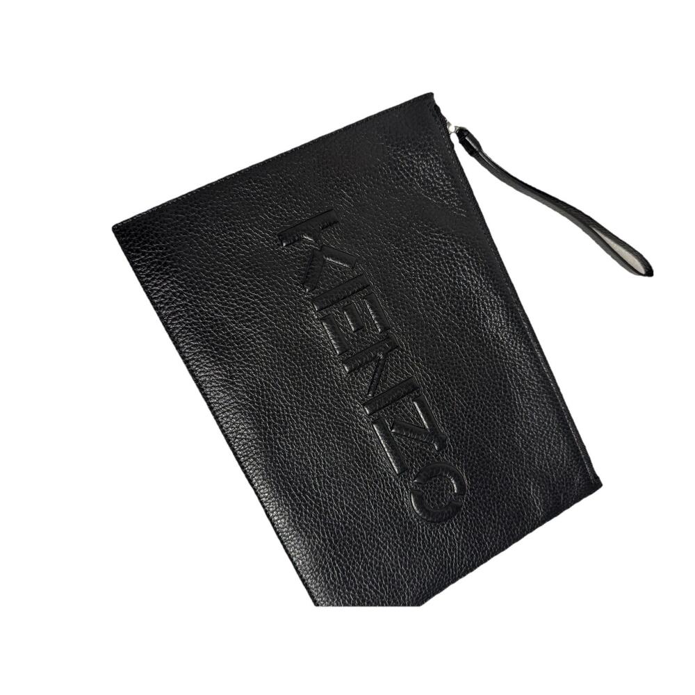 Kenzo Pouch Bag Leather Clutch Wristlet Zip Case Travel Unisex Embossed Black